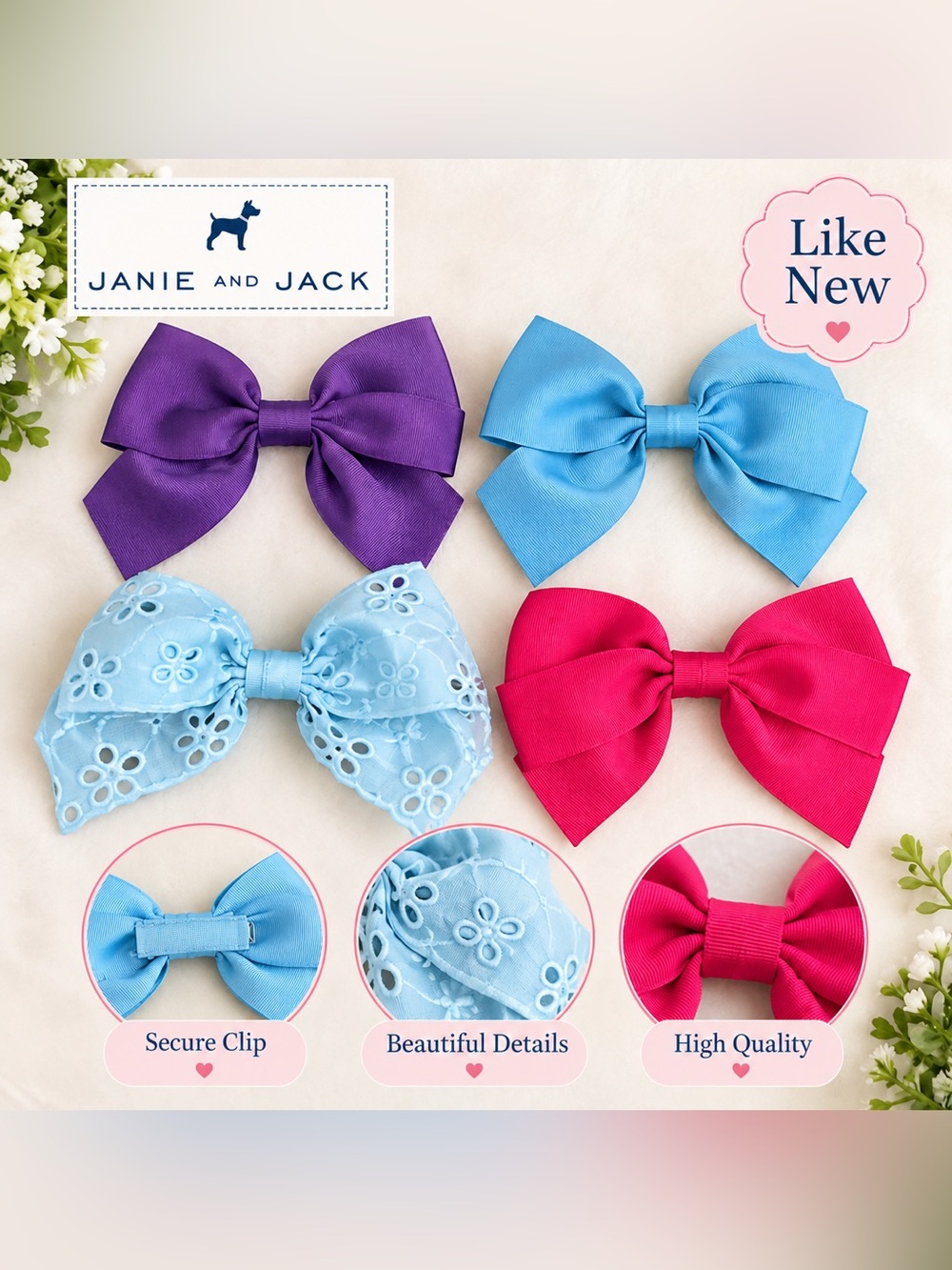 Janie and Jack Girls Hair Bow Lot of 4 Purple Blue Pink Eyelet